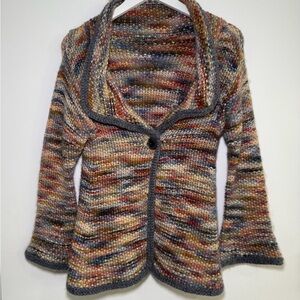 Hand Knit Women SM Cozy Cardigan Sweater Multi-Color Bell Sleeve Soft Wool